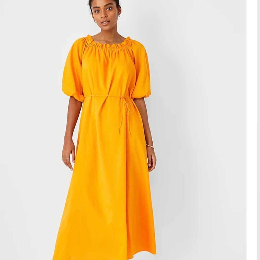 NWT Ann Taylor Shirred Boatneck MIDI Dress- Orange